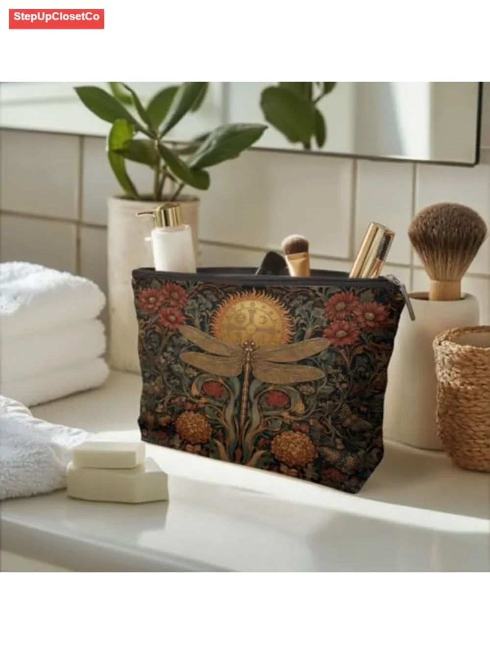 Waterproof Linen Floral Dragonfly Makeup Bag Toiletry Zipper Pouch Cosmetics
